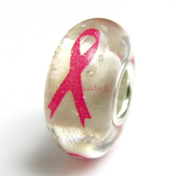 Sterling Silver Pink Ribbon Breast Cancer Awareness Murano Glowing Glass Bead for European Charm Bracelets