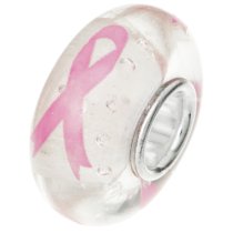 Sterling Silver Pink Ribbon Breast Cancer Awareness Murano Glowing Glass Bead for European Charm Bracelets