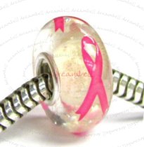 Sterling Silver Pink Ribbon Breast Cancer Awareness Murano Glowing Glass Bead for European Charm Bracelets