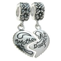 Sterling Silver Dangle Mother & Daughter Love Heart Pendant Family Bead for European Charm Bracelets