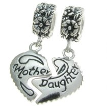 Sterling Silver Dangle Mother & Daughter Love Heart Pendant Family Bead for European Charm Bracelets