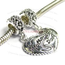Sterling Silver Dangle Mother & Daughter Love Heart Pendant Family Bead for European Charm Bracelets