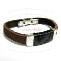 Stainless Steel Brown Leather Cord 9mm Watch Clasp FLAT BRACELET 8″