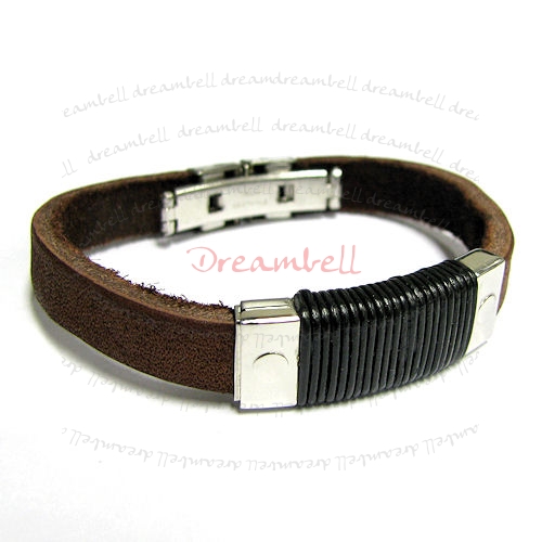 Stainless Steel Brown Leather Cord 9mm Watch Clasp FLAT BRACELET 8"