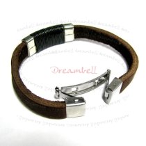 Stainless Steel Brown Leather Cord 9mm Watch Clasp FLAT BRACELET 8"