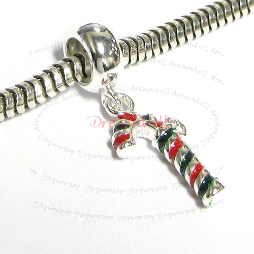 Sterling Silver Christmas Candy Cane Gift Stick Enamel Dangle Bead for European Charm Bracelets