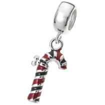Sterling Silver Christmas Candy Cane Gift Stick Enamel Dangle Bead for European Charm Bracelets