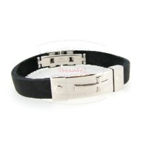 Stainless Steel Cross Black Flat Leather Cord 9.5mm Wristband Bracelet 8″