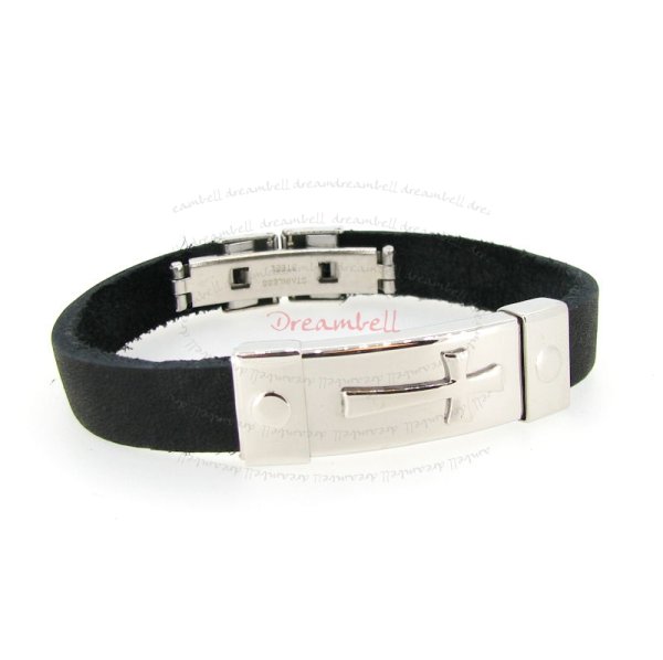 Stainless Steel Cross Black Flat Leather Cord 9.5mm Wristband Bracelet 8"