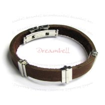 Stainless Steel Brown Flat Leather Cord 9.5mm Wristband Bracelet 8″