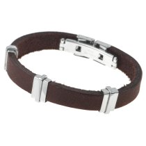 Stainless Steel Brown Flat Leather Cord 9.5mm Wristband Bracelet 8"