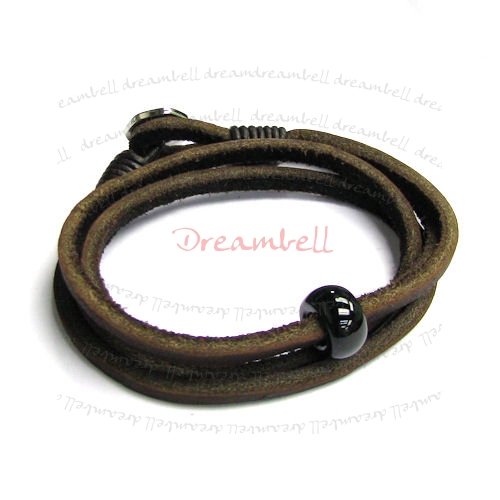 Stainless Steel Brown Cord 2 round Leather Cord Wristband Bracelet 8"