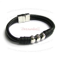 Stainless Steel Black Cord Leather Cord Wristband Bracelet 8″