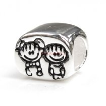 Sterling Silver Happy Boy & Girl / Brother & Sister w/ Smile Face Family Bead for European Charm Bracelets