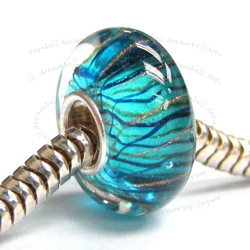 Sterling Silver Murano Flower Blue Glass Bead for European Charm Bracelets