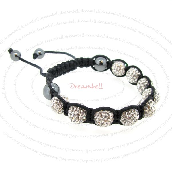 Black Macrame Knotted Shamballa Clear CZ Crystal Hematite Ball Bead Adjustable Wristband Bracelet 7.5"