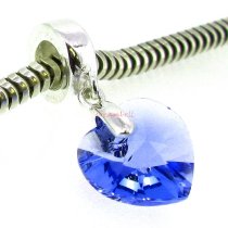 Sterling Silver Birthstone September Sapphire Heart Dangle Bead for European Charm Bracelets Using Swarovski Elements Crystal