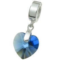 Sterling Silver Birthstone September Sapphire Heart Dangle Bead for European Charm Bracelets Using Swarovski Elements Crystal