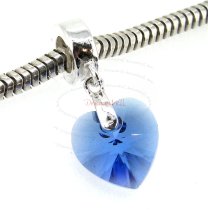 Sterling Silver Birthstone September Sapphire Heart Dangle Bead for European Charm Bracelets Using Swarovski Elements Crystal