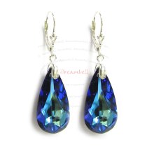 2x Sterling Silver Teardrop Bermuda Blue Crystals Leverback Dangle Earrings Using Swarovski Elements Crystal