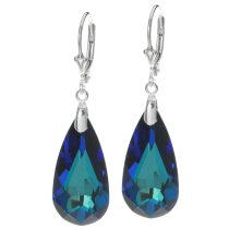 2x Sterling Silver Teardrop Bermuda Blue Crystals Leverback Dangle Earrings Using Swarovski Elements Crystal