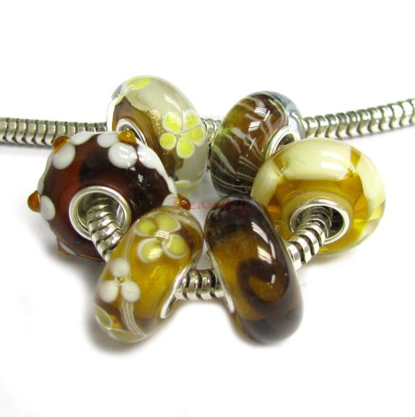 6pcs Sterling Silver Assorted Topaz Brown Yellow Murano Bundle Glass Bead for European Charm Bracelets