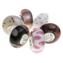 6pcs Sterling Silver Assorted Pink, White and Black Murano Bundle Glass Bead for European Charm Bracelets