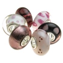 6pcs Sterling Silver Assorted Pink, White and Black Murano Bundle Glass Bead for European Charm Bracelets