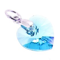 Sterling Silver Birthstone March Swarovski Aquamarine Heart Dangle Bead Charm Pendant
