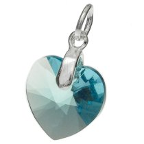 Sterling Silver Birthstone March Swarovski Aquamarine Heart Dangle Bead Charm Pendant