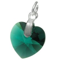 Sterling Silver Birthstone May Swarovski Emerald Heart Dangle Bead Charm Pendant