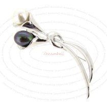 Rhodium on 925 Sterling Silver Lily Flower White & Peacock Natural Fresh Water Pearl Brooch with Safety Pin 68mm