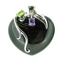 1x Rhodium on 925 Sterling Silver Black Onyx Flower Bail Love Heart Charm Pendant with Real Gem Stones