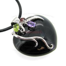 1x Rhodium on 925 Sterling Silver Black Onyx Flower Bail Love Heart Charm Pendant with Real Gem Stones