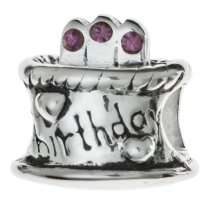 Sterling Silver Birthday Cake w/ Amethyst CZ Crystal Birthstone Bead for European Charm Bracelets February