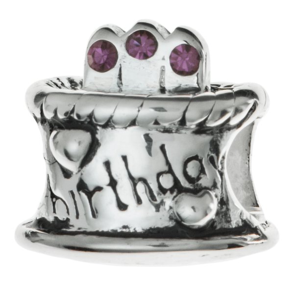 Sterling Silver Birthday Cake w/ Amethyst CZ Crystal Birthstone Bead for European Charm Bracelets February