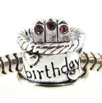 Sterling Silver Birthday Cake w/ Amethyst CZ Crystal Birthstone Bead for European Charm Bracelets February