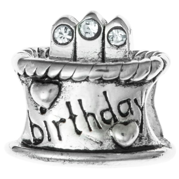Sterling Silver Birthday Cake w/ Clear CZ Crystal Birthstone Bead for European Charm Bracelets April