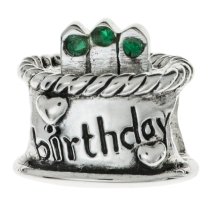 Sterling Silver Birthday Cake w/ Emerald CZ Crystal Birthstone Bead for European Charm Bracelets May