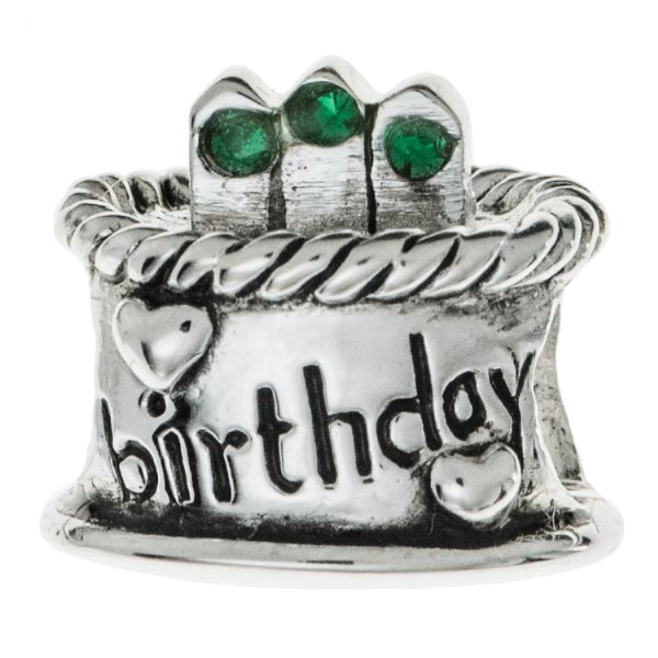 Sterling Silver Birthday Cake w/ Emerald CZ Crystal Birthstone Bead for European Charm Bracelets May