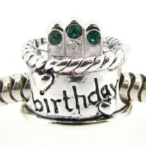 Sterling Silver Birthday Cake w/ Emerald CZ Crystal Birthstone Bead for European Charm Bracelets May