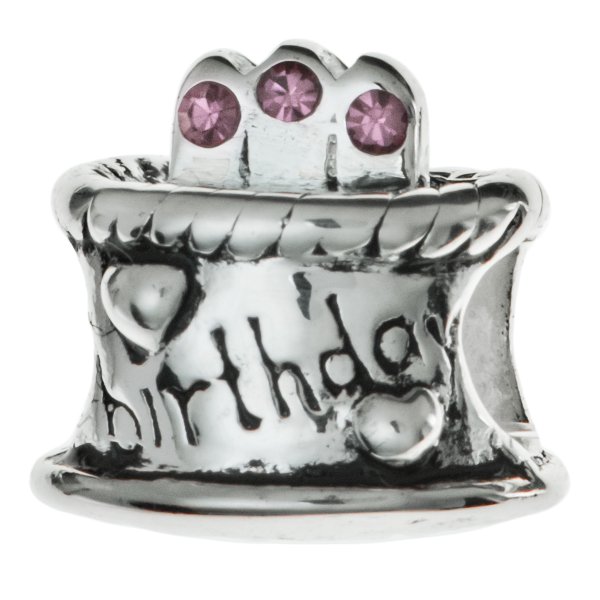 Sterling Silver Birthday Cake w/ Light Amethyst CZ Crystal Birthstone Bead for European Charm Bracelets June