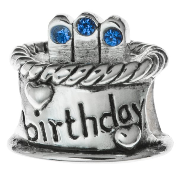 Sterling Silver Birthday Cake w/ Sapphire CZ Crystal Birthstone Bead for European Charm Bracelets September