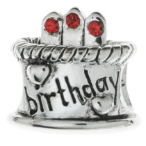 Sterling Silver Birthday Cake w/ Siam Red CZ Crystal Birthstone Bead for European Charm Bracelets July