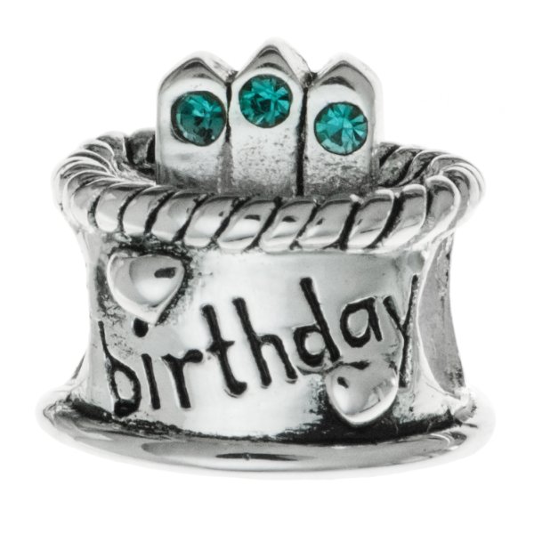 Sterling Silver Birthday Cake w/ Blue Zircon CZ Crystal Birthstone Bead for European Charm Bracelets December