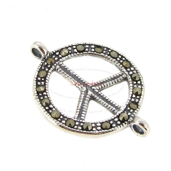 1x Sterling Silver Antique Round World Peace Marcasite Link Connector
