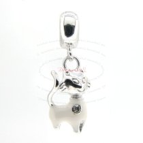 Sterling Silver White Cat Kitten Enamel Dangle Bead for European Charm Bracelets