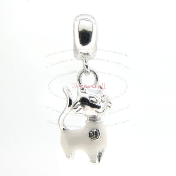 Sterling Silver White Cat Kitten Enamel Dangle Bead for European Charm Bracelets