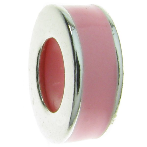 Sterling Silver Pink Rose Enamel Stopper with Rubber Round Bead for European Charm Bracelets
