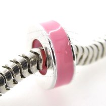 Sterling Silver Pink Rose Enamel Stopper with Rubber Round Bead for European Charm Bracelets